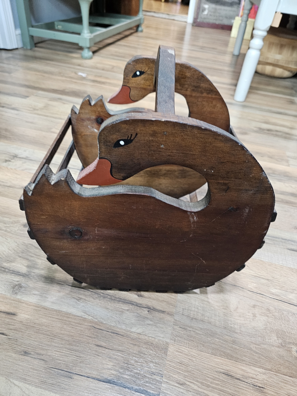 Handcrafted Wooden Swan Magazine Rack - Rustic Brown with Red Accents